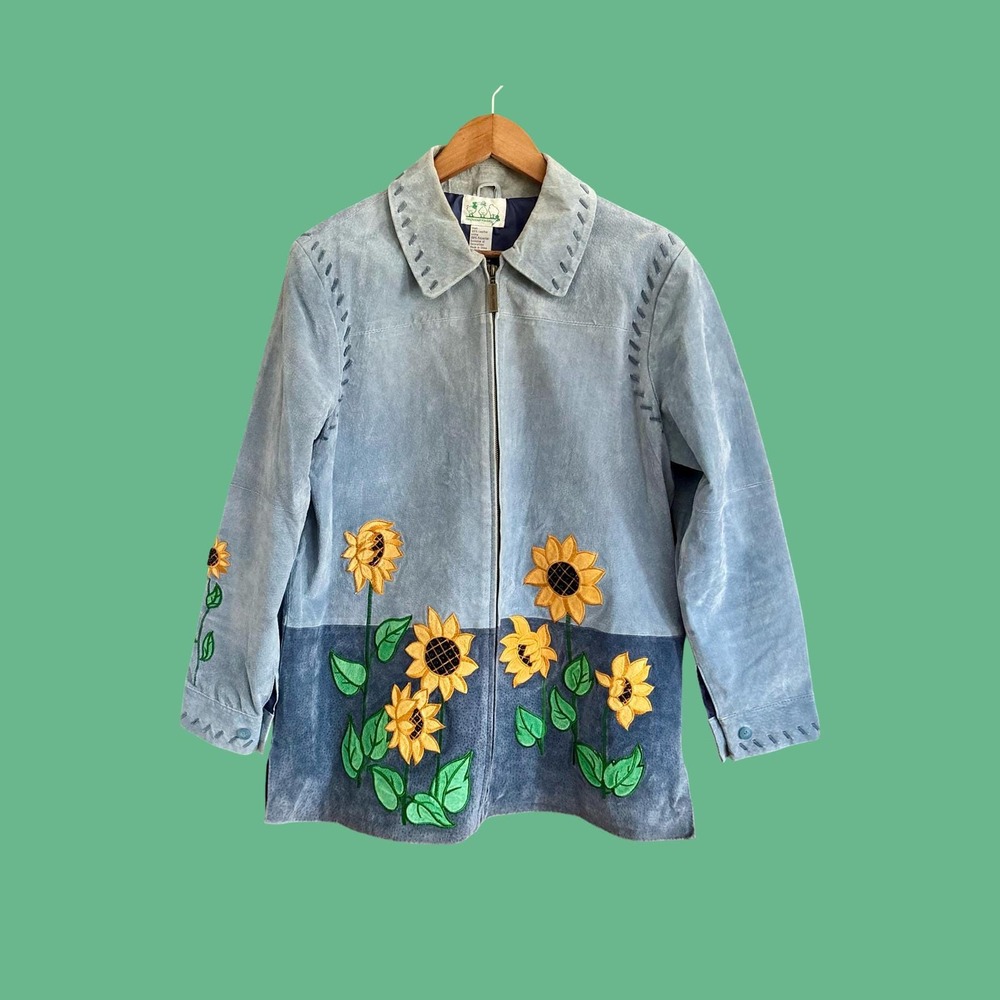 Vintage Suede Leather Sunflower Full Zip Lined Leather Coat Size Medium